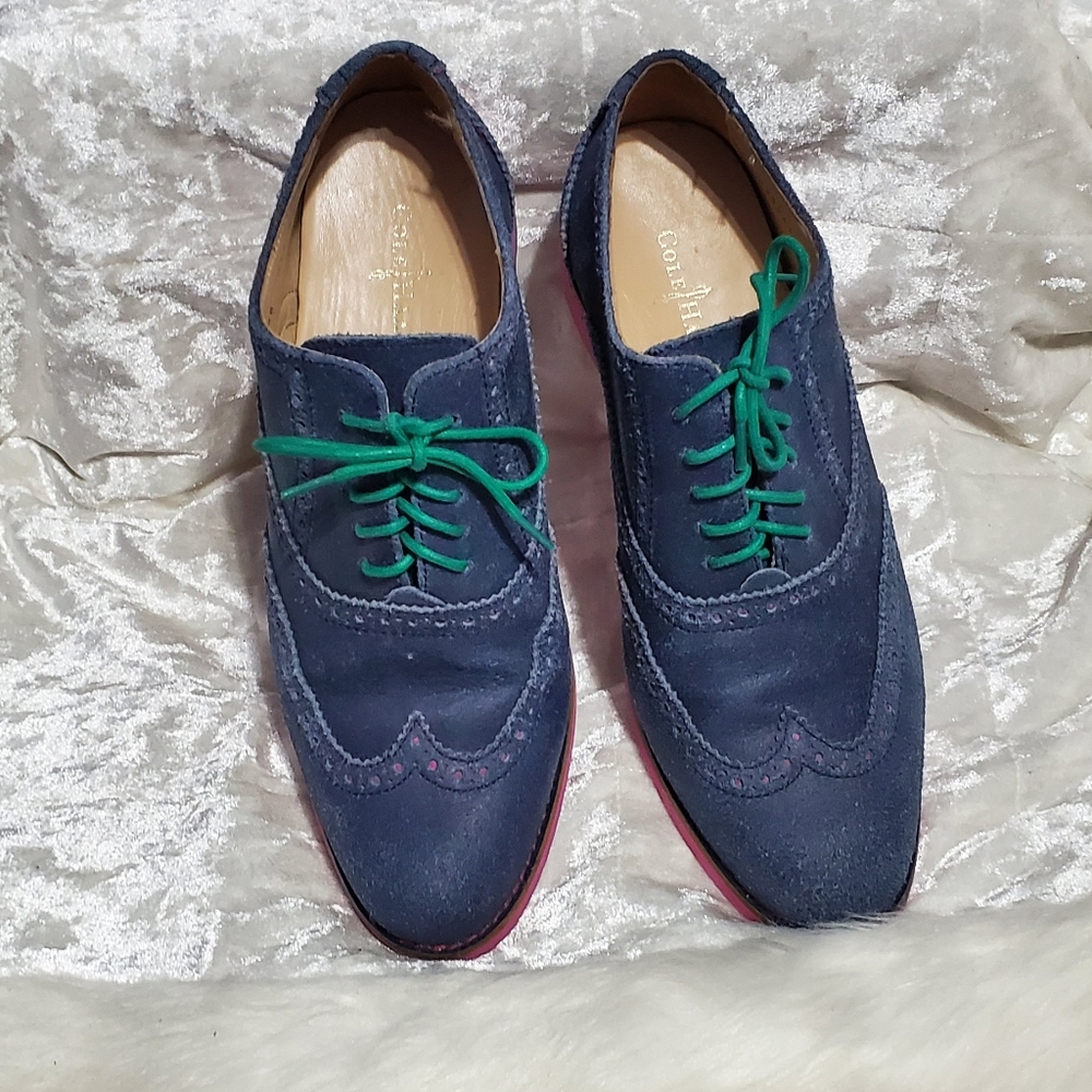 Cole Haan Navy Suede Wingtip Oxfords with Pink Sole and Green Laces - Picture 2 of 8